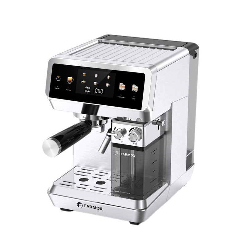محصول نمونه تستی اسپرسوساز خانگی فارموکس مدل FX270 با مخزن آب 1500 میلیلیتر، فشار بخار 20 بار، صفحهنمایش لمسی و قابلیت تهیه اسپرسو، لاته و کاپوچینو تک و دبل